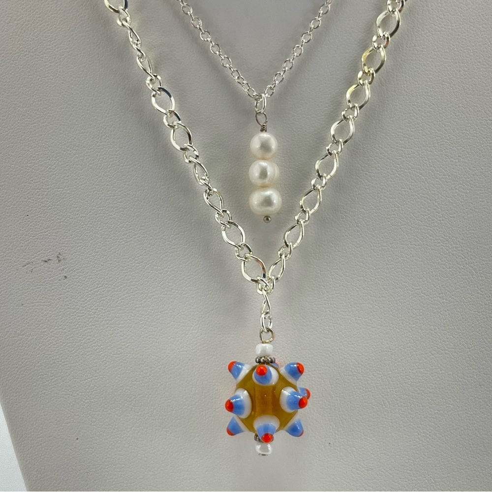 Colorful Layered Necklace Set, Handmade, Pearls, Art Glass Beads, Millefiori - Picture 4 of 8